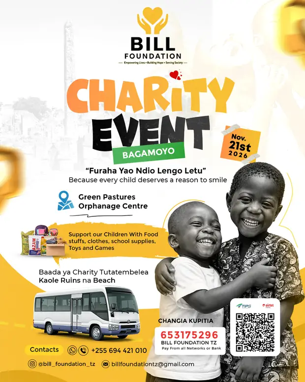 Poster for the Bill Foundation TZ charity event in Bagamoyo on 21 November 2026 at Green Pastures Orphanage Centre